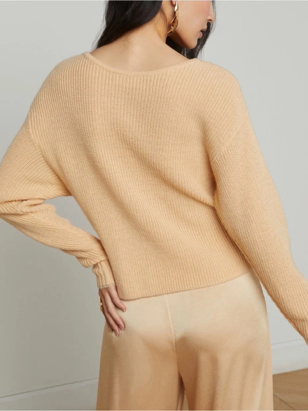 L'AGENCE Antonella Crossover Wrap Sweater Tan Sand Size M Wool Blend Knit